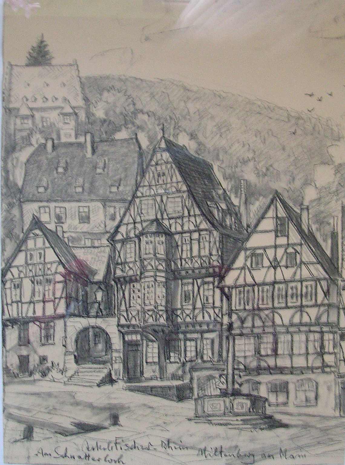 Miltenberg Am Schnatterloch, o. J., 28 x 38 cm, Kohlezeichnung von Jakob Fischer-Rhein!