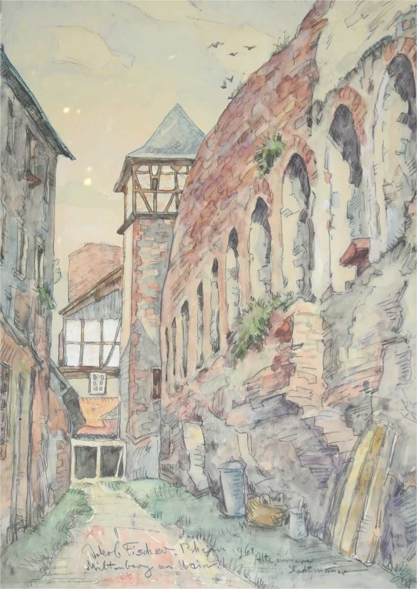 Miltenberg am Main, alte innere Stadtmauer, 1961, Aquarell auf Papier, für vergrößerte Ansicht anklicken!