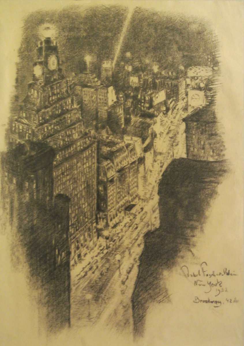 New York, Broadway 42. Str., 1922, Zeichnung des Malers Jakob Fischer-Rhein! Klicken für vergrößerte Ansicht!