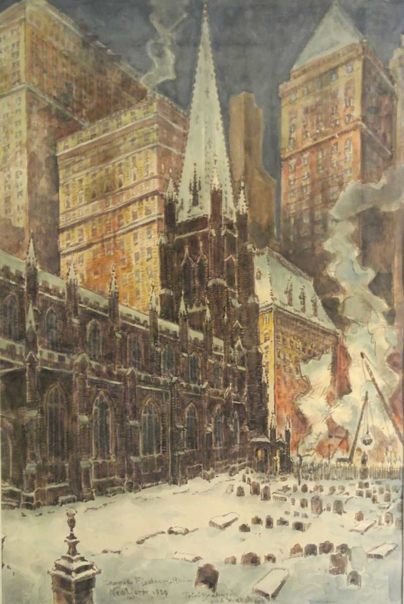 Trinity Church + Wallstreet, New York, 1929,von Jakob Fischer-Rhein! Zur vergrößerten Ansicht anklicken!